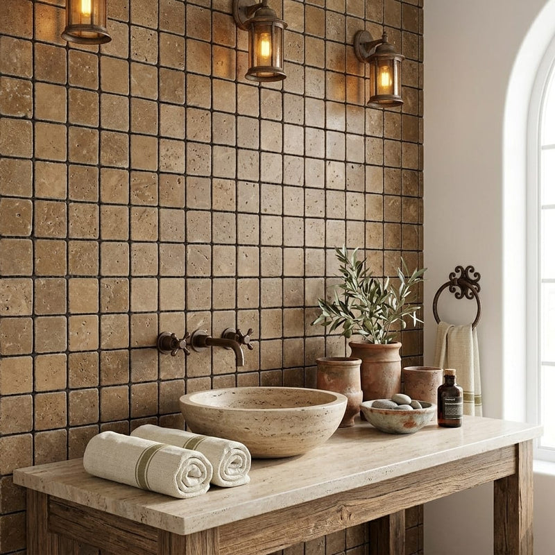 Noce 1x1 Square Tumbled Travertine Mosaic — Spa spa interior
