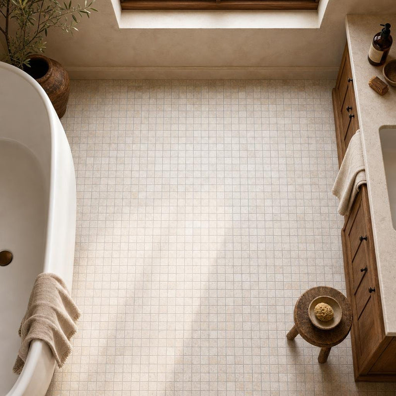 Noce 1x1 Tumbled Travertine Mosaic Tile — Bathroom floor