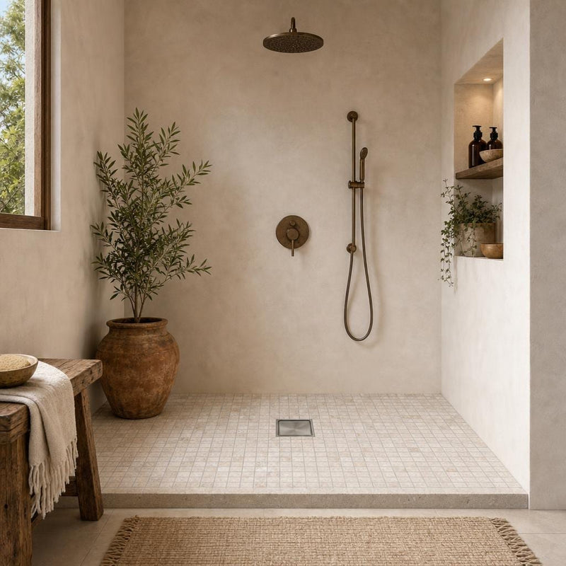 Noce 1x1 Tumbled Travertine Mosaic Tile — Bathroom shower floor