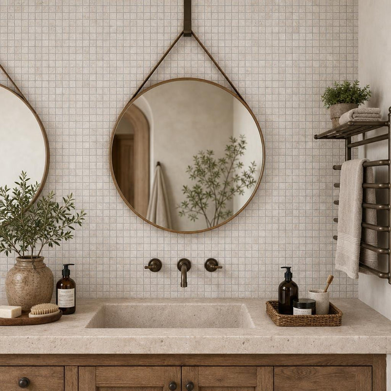 Noce 1x1 Tumbled Travertine Mosaic Tile — Bathroom shower wall