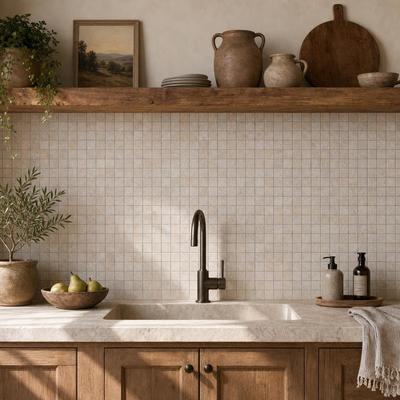 Noce 1x1 Tumbled Travertine Mosaic Tile — Kitchen backsplash