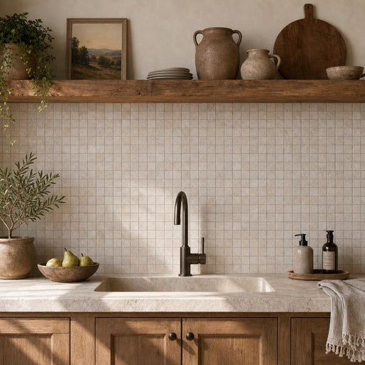 Noce 1x1 Tumbled Travertine Mosaic Tile — Kitchen backsplash
