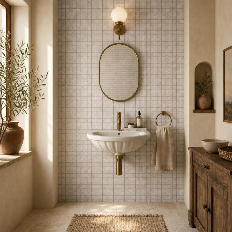 Noce 1x1 Tumbled Travertine Mosaic Tile — Powder Room wall