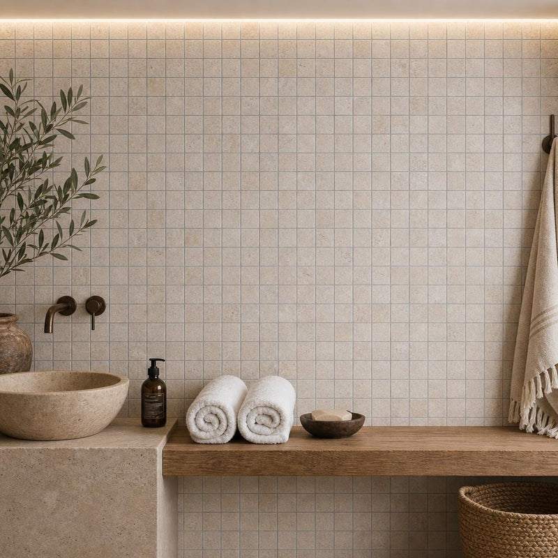 Noce 1x1 Tumbled Travertine Mosaic Tile — Spa spa interior