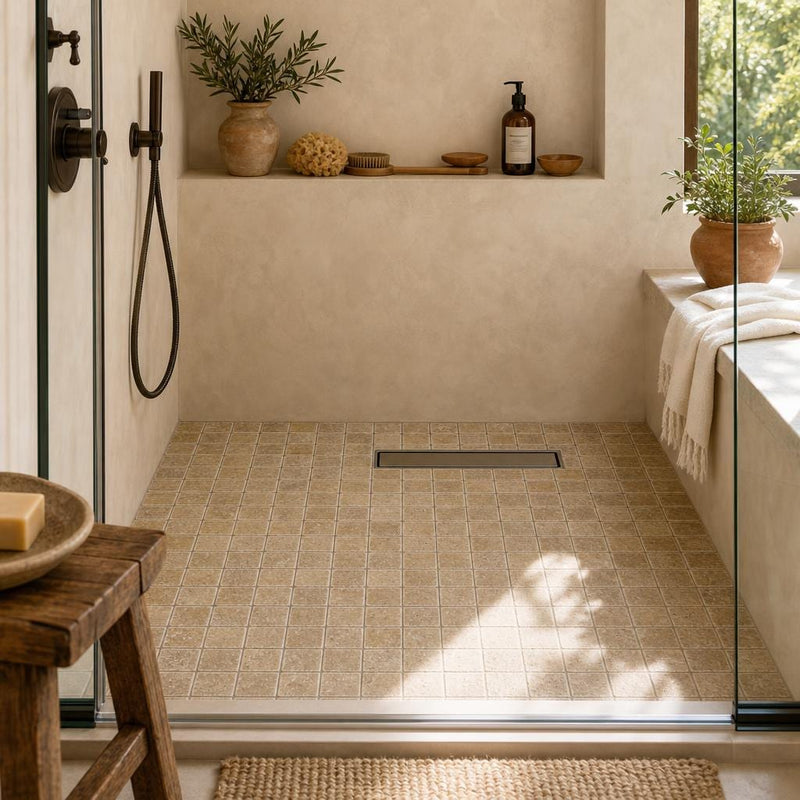 Noce 2x2 Tumbled Travertine Mosaic Tile — Bathroom shower floor