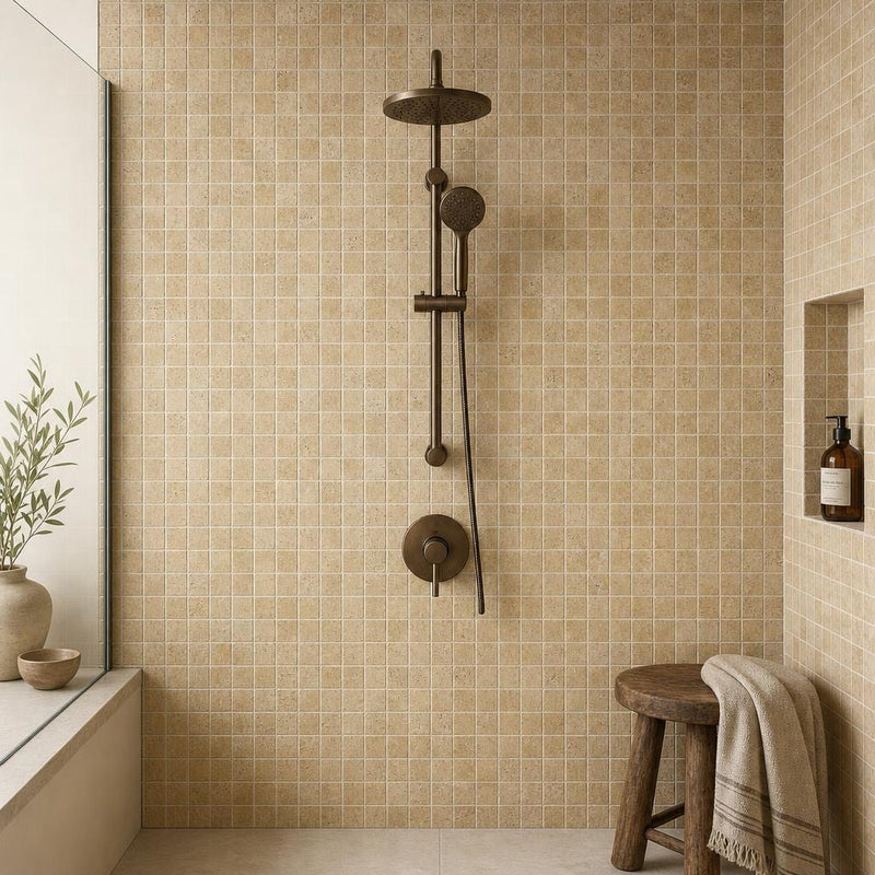 Noce 2x2 Tumbled Travertine Mosaic Tile — Bathroom shower wall
