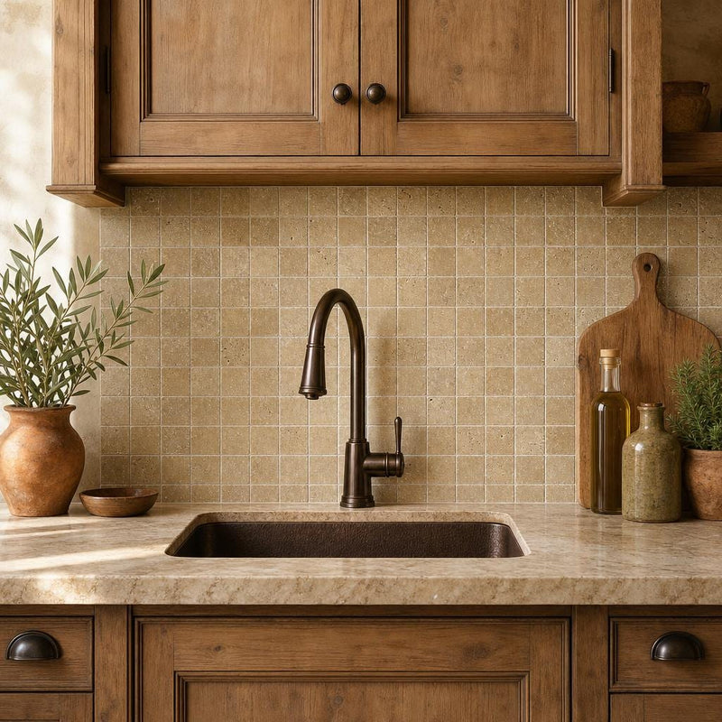Noce 2x2 Tumbled Travertine Mosaic Tile — Kitchen backsplash