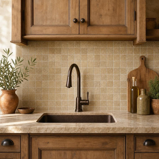 Noce 2x2 Tumbled Travertine Mosaic Tile — Kitchen backsplash