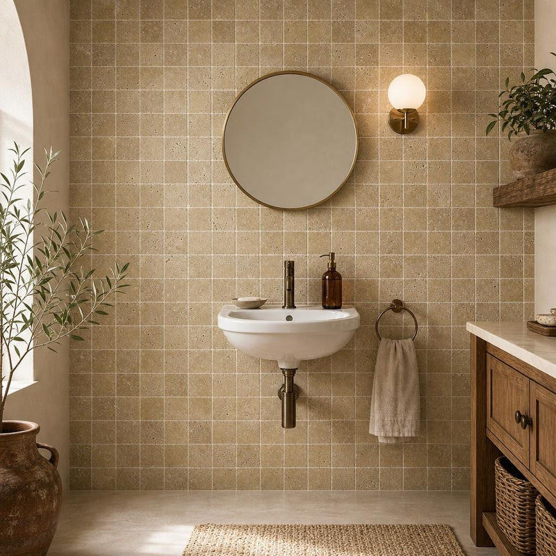 Noce 2x2 Tumbled Travertine Mosaic Tile — Powder Room wall