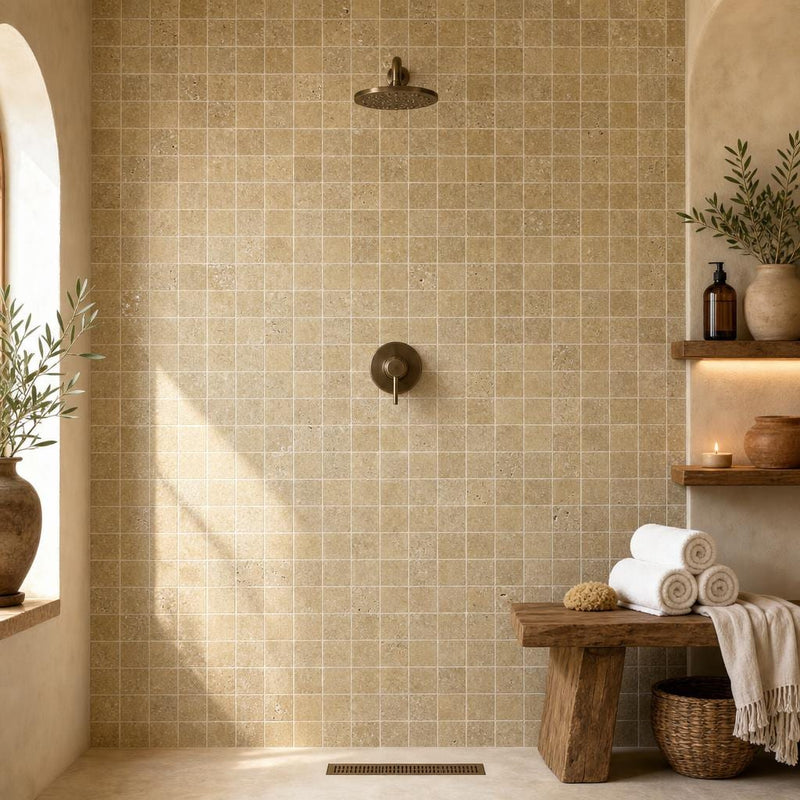 Noce 2x2 Tumbled Travertine Mosaic Tile — Spa spa interior