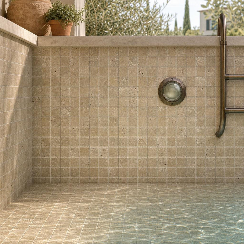 Noce 2x2 Tumbled Travertine Mosaic Tile — Swimming Pool pool interior tiling