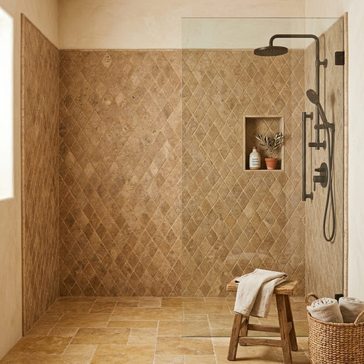 Noce 2x4 Diamond Tumbled Travertine Mosaic — Bathroom shower wall