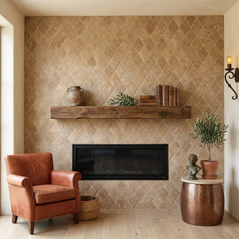 Noce 2x4 Diamond Tumbled Travertine Mosaic — Living Room accent wall