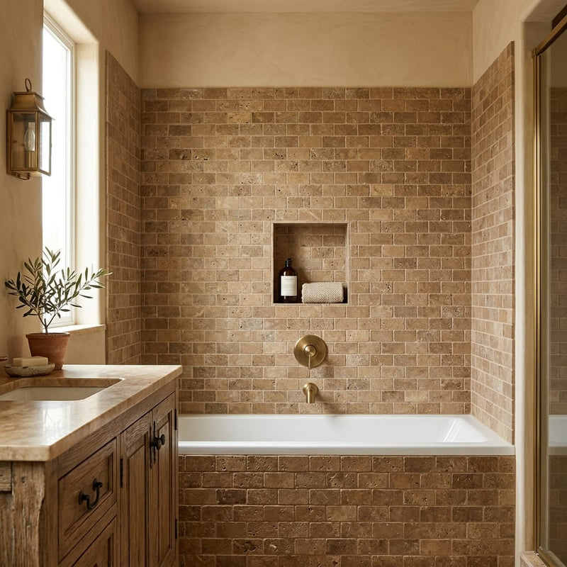 Noce 2x4 Subway Splitface Travertine Mosaic — Bathroom tub surround