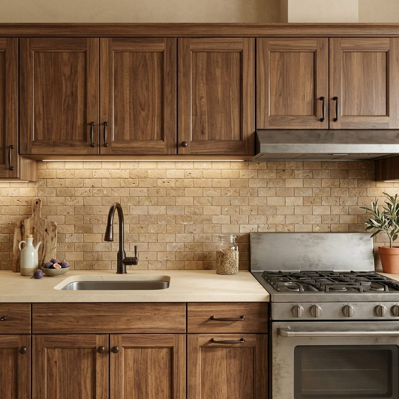 Noce 2x4 Subway Splitface Travertine Mosaic — Kitchen backsplash