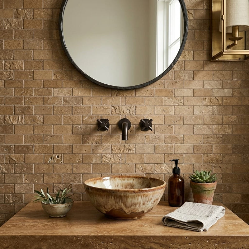 Noce 2x4 Subway Splitface Travertine Mosaic — Powder Room wall