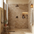 Noce 2x4 Subway Tumbled Travertine Mosaic — Bathroom shower wall