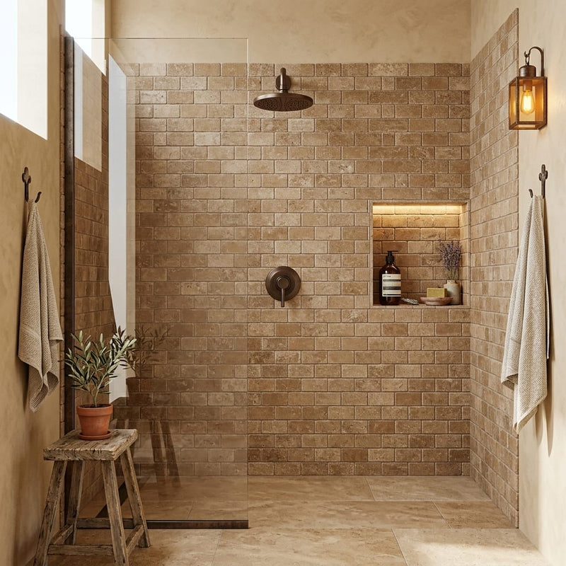 Noce 2x4 Subway Tumbled Travertine Mosaic — Bathroom shower wall