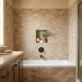 Noce 2x4 Subway Tumbled Travertine Mosaic — Bathroom tub surround