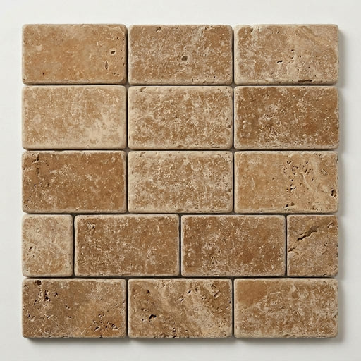 Noce 2x4 Subway Tumbled Travertine Mosaic close-up
