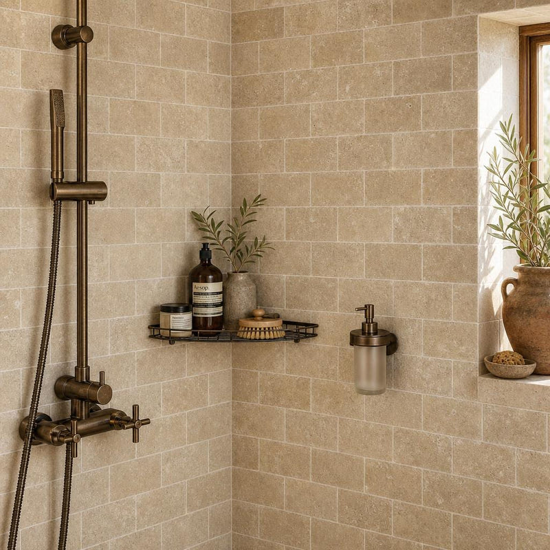 Noce 3x6 Tumbled Travertine Tile — Bathroom shower wall