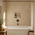 Noce 3x6 Tumbled Travertine Tile — Bathroom tub surround