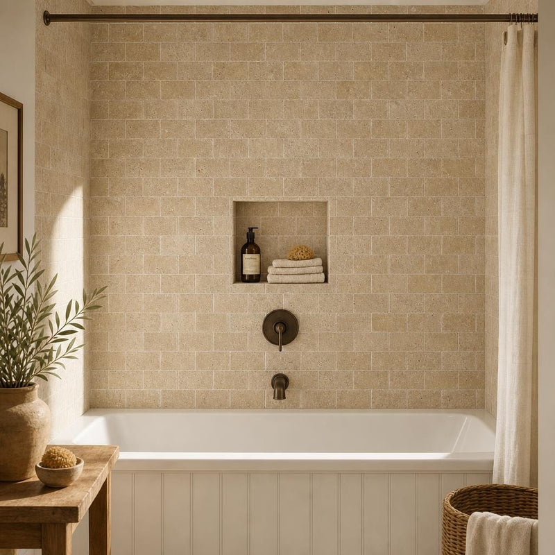 Noce 3x6 Tumbled Travertine Tile — Bathroom tub surround