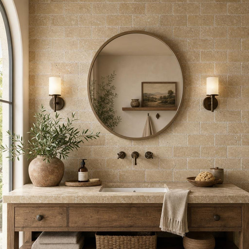 Noce 3x6 Tumbled Travertine Tile — Bathroom wall
