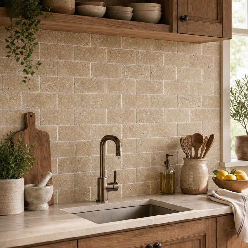 Noce 3x6 Tumbled Travertine Tile — Kitchen backsplash