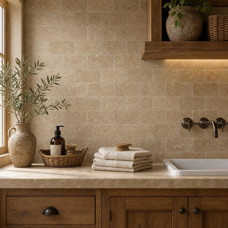Noce 3x6 Tumbled Travertine Tile — Laundry Room backsplash