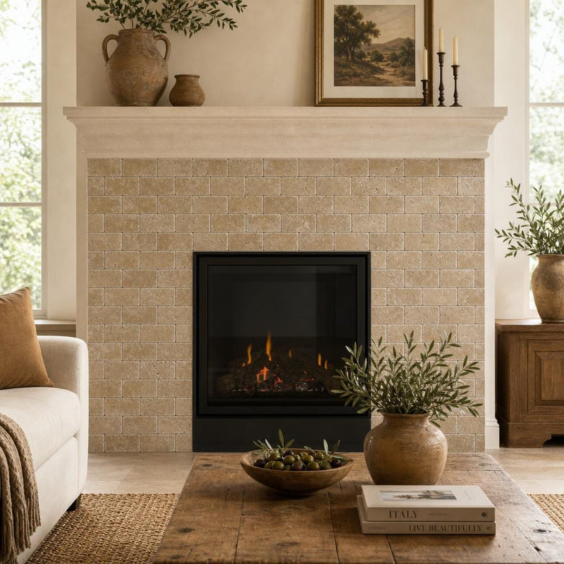Noce 3x6 Tumbled Travertine Tile — Living Room fireplace surround