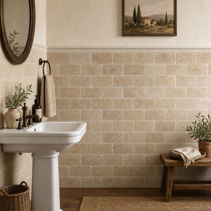 Noce 3x6 Tumbled Travertine Tile — Powder Room wainscot