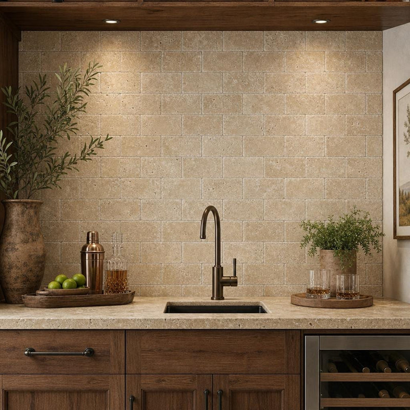 Noce 3x6 Tumbled Travertine Tile — Wet Bar backsplash