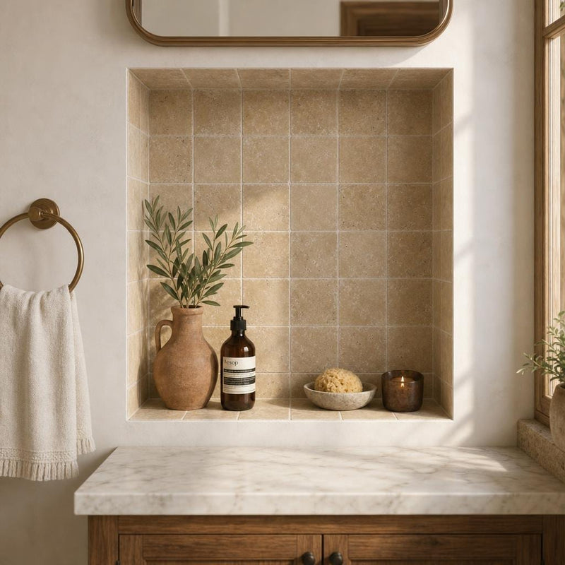 Noce 4x4 Tumbled Travertine Tile — Bathroom niche