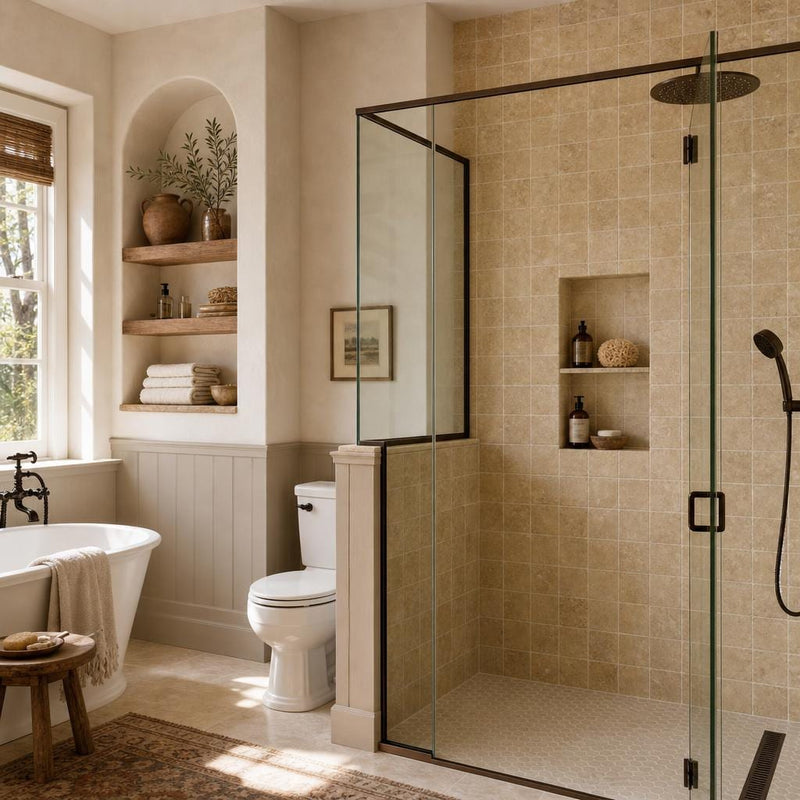 Noce 4x4 Tumbled Travertine Tile — Bathroom shower wall accent band