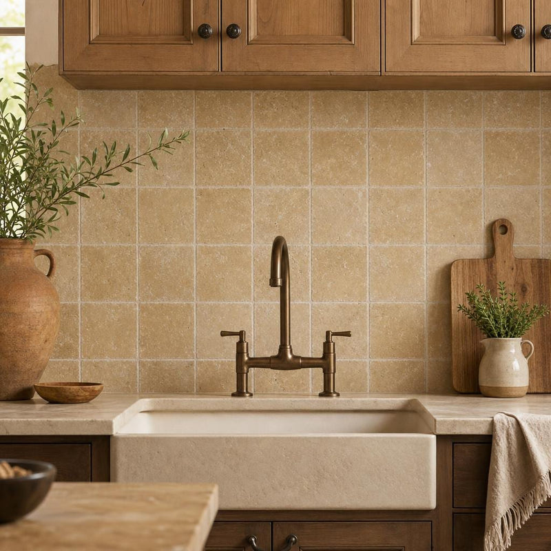 Noce 4x4 Tumbled Travertine Tile — Kitchen backsplash