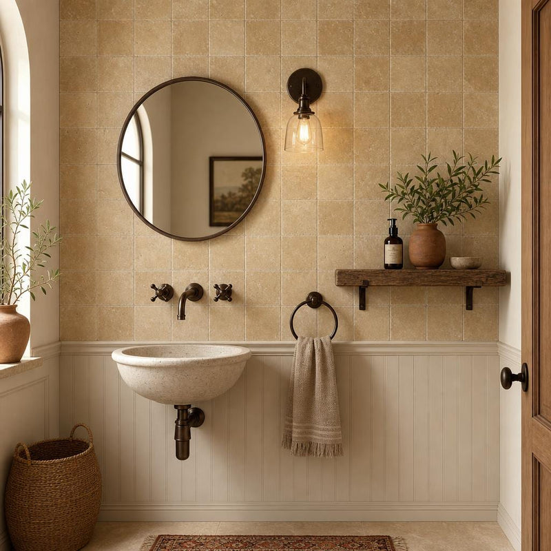 Noce 4x4 Tumbled Travertine Tile — Powder Room wall