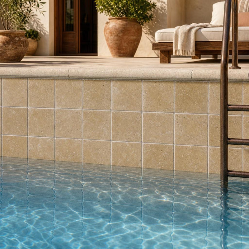 Noce 4x4 Tumbled Travertine Tile — Swimming Pool waterline