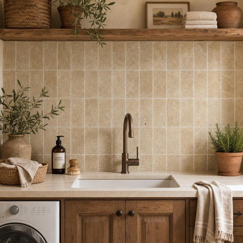 Noce 6x12 Tumbled Travertine Tile — Laundry Room backsplash