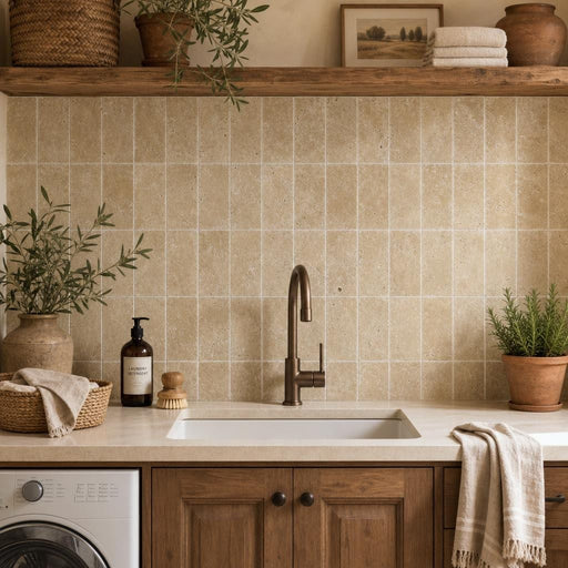 Noce 6x12 Tumbled Travertine Tile — Laundry Room backsplash
