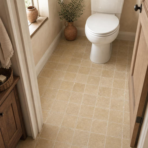 Noce 6x6 Tumbled Travertine Tile — Bathroom floor