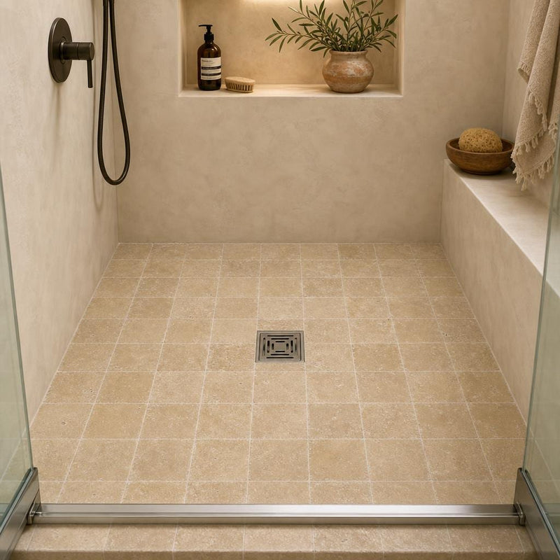 Noce 6x6 Tumbled Travertine Tile — Bathroom shower floor