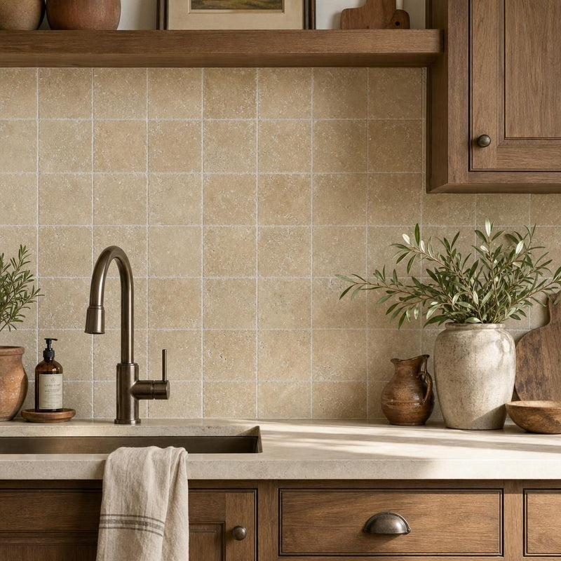 Noce 6x6 Tumbled Travertine Tile — Kitchen backsplash