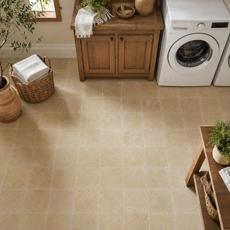 Noce 6x6 Tumbled Travertine Tile — Laundry Room floor