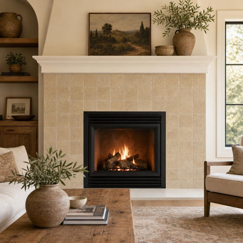 Noce 6x6 Tumbled Travertine Tile — Living Room fireplace surround