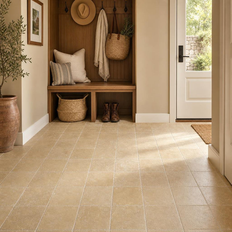 Noce 6x6 Tumbled Travertine Tile — Mudroom floor
