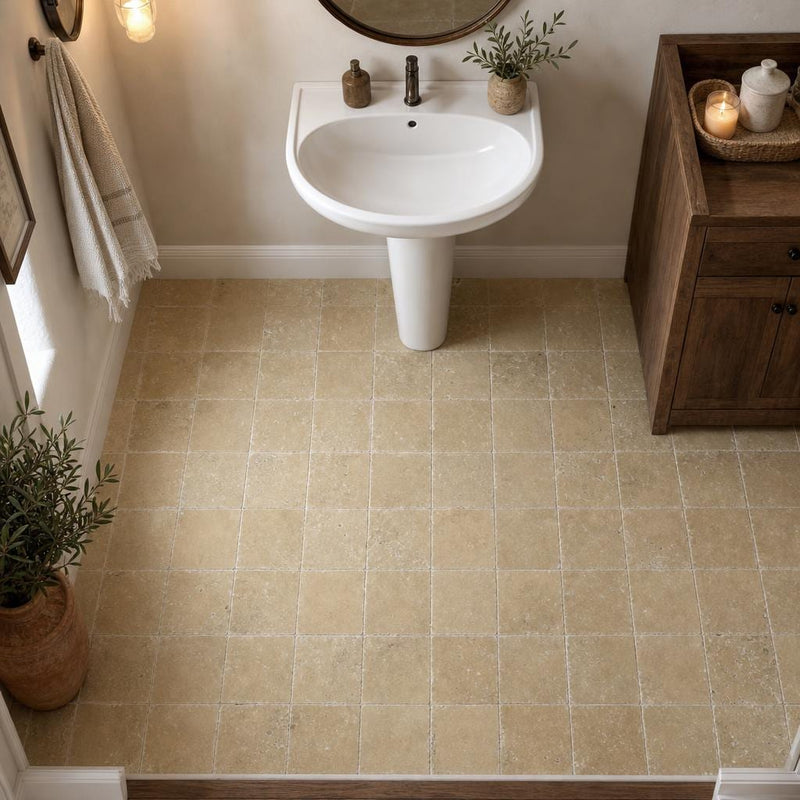 Noce 6x6 Tumbled Travertine Tile — Powder Room floor