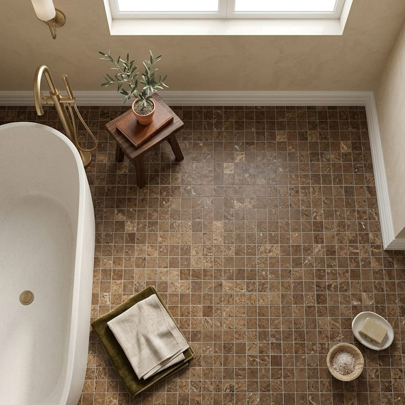 Noce (Antalya) Travertine 1x1 Filled & Honed Travertine Mosaic — Bathroom floor