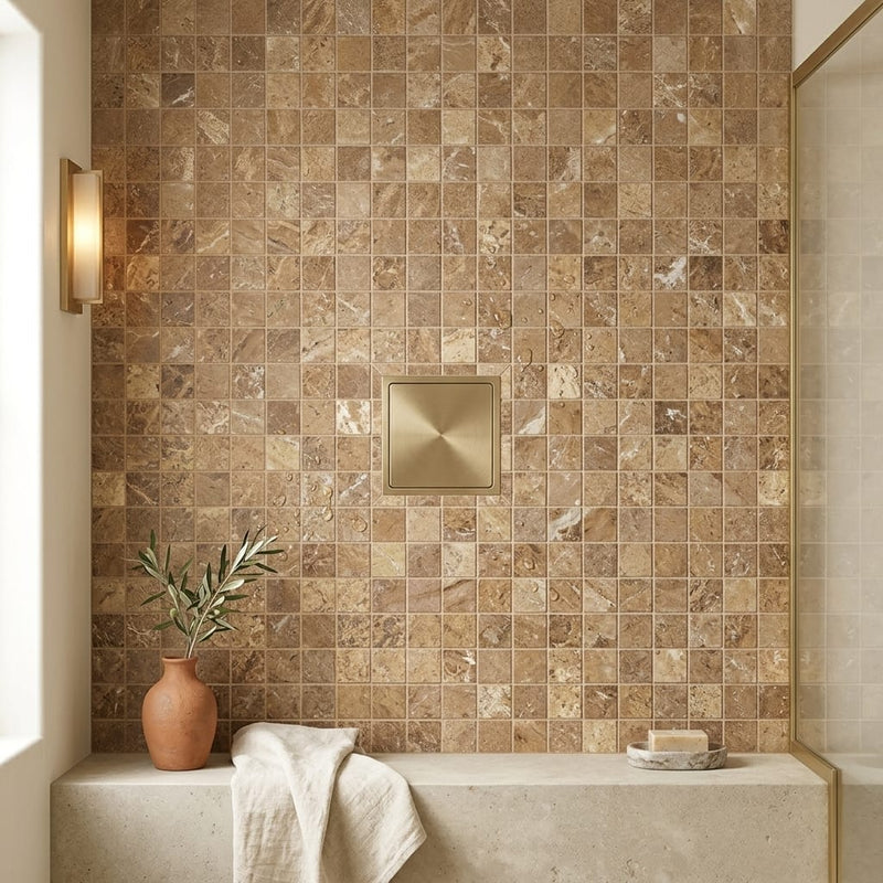 Noce (Antalya) Travertine 1x1 Filled & Honed Travertine Mosaic — Bathroom shower floor
