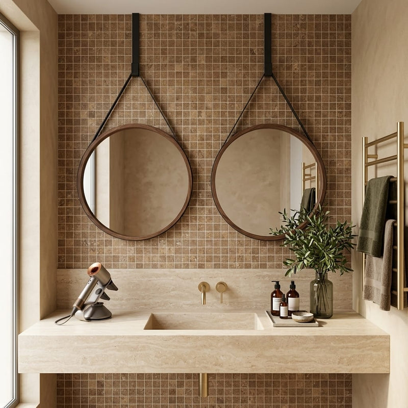 Noce (Antalya) Travertine 1x1 Filled & Honed Travertine Mosaic — Bathroom shower wall